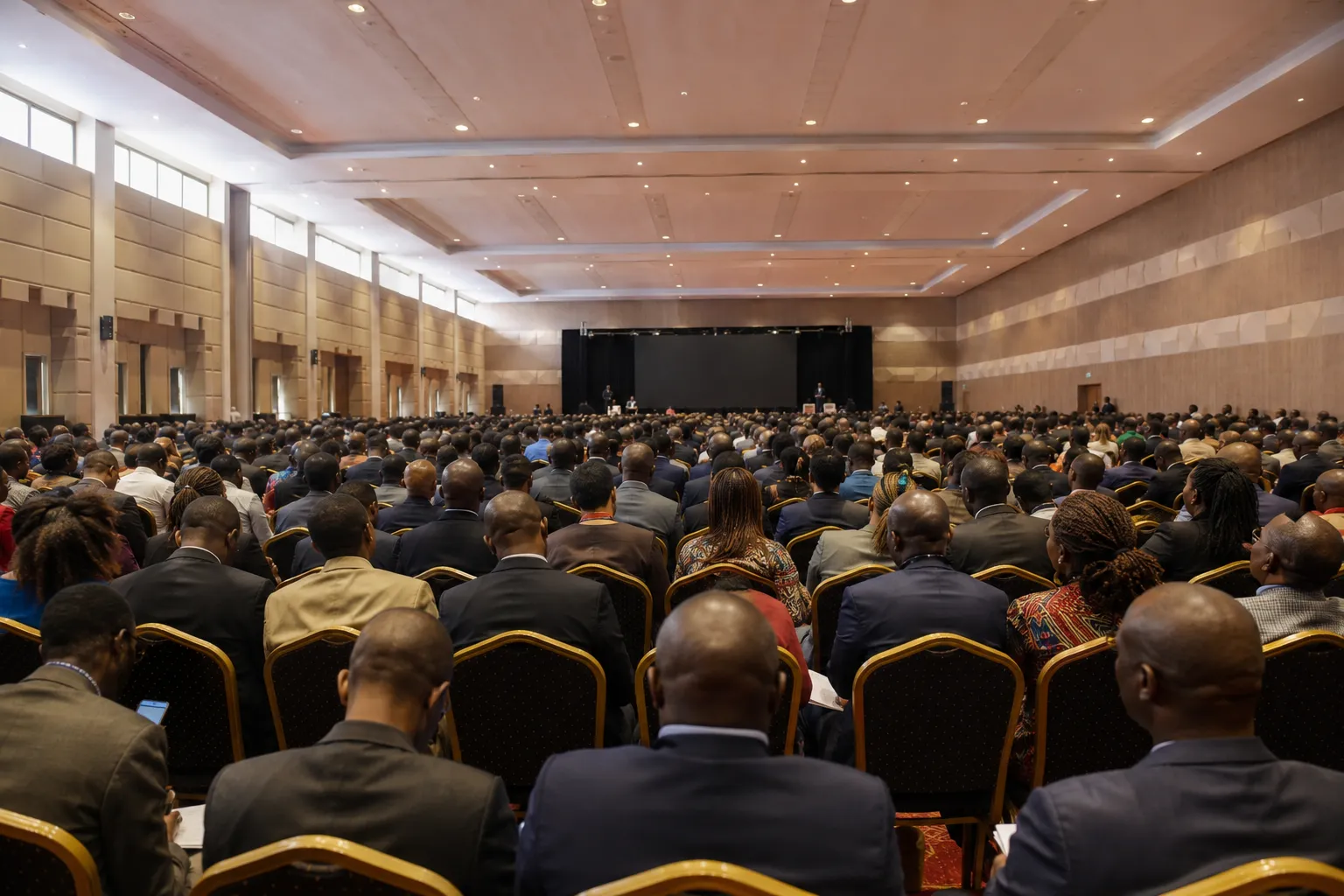 Illustrative image: a full conference plenary hall seen from the back, delegates seated in rows facing a lit stage