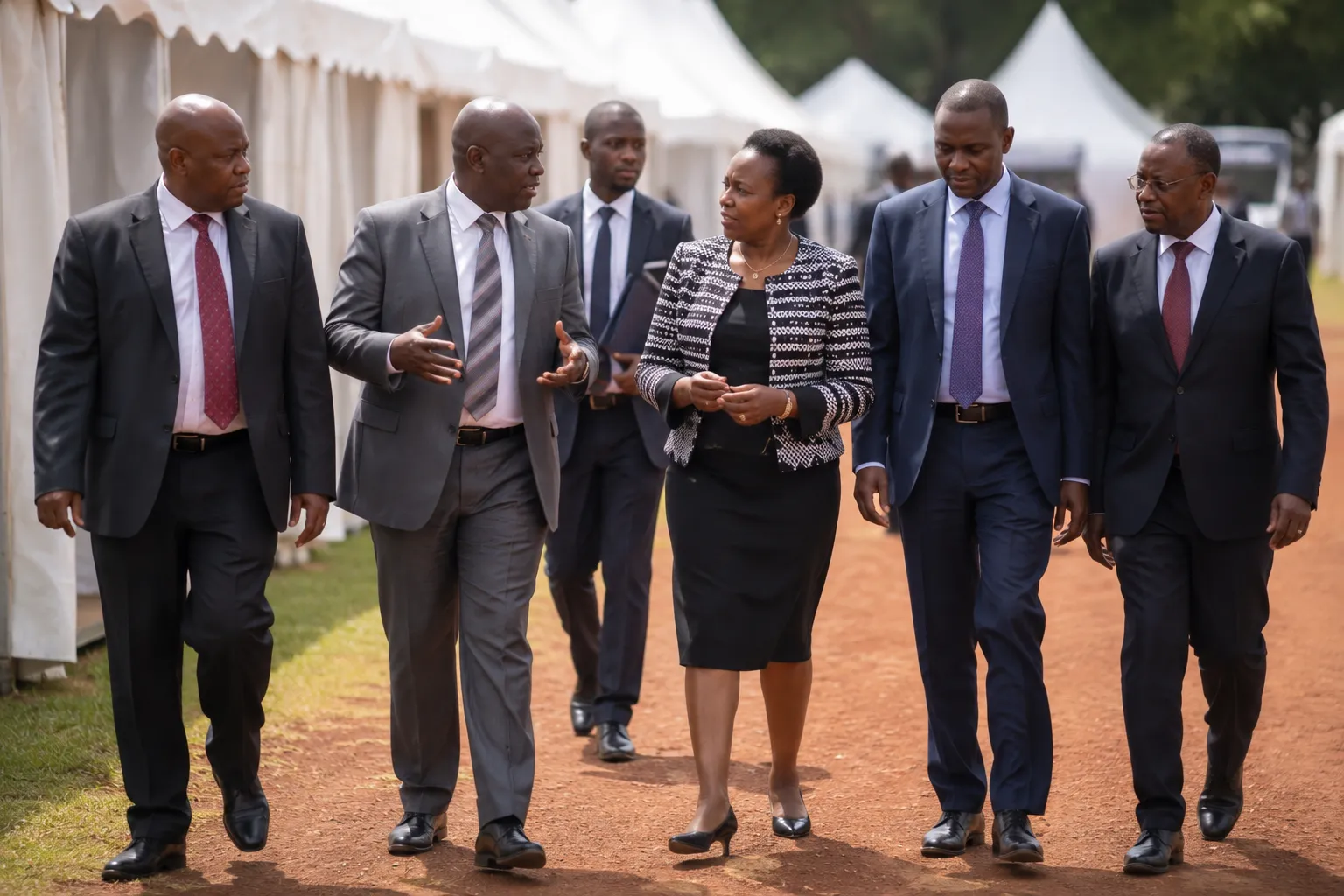 Illustrative image: a delegation of officials walking together past exhibition tents in conversation