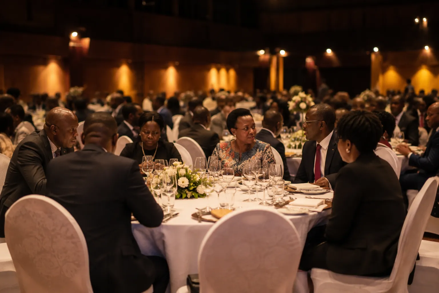 Illustrative image: a formal gala dinner in a large hall, guests seated at round tables under warm light